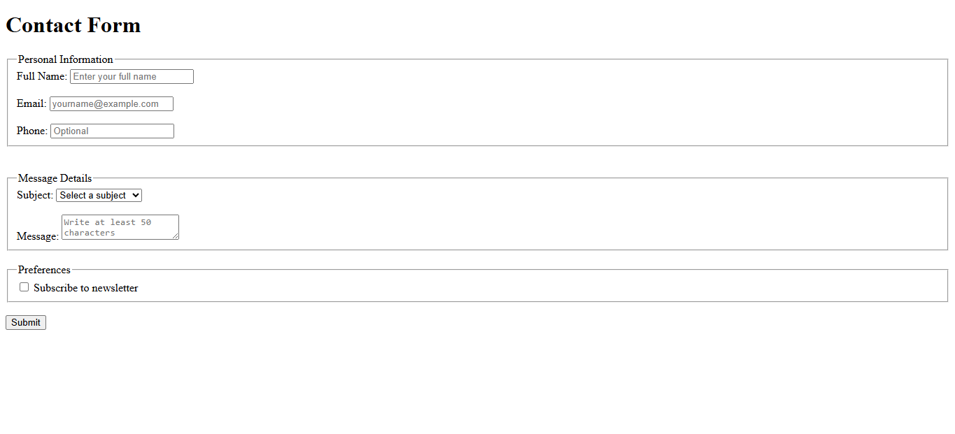 Screenshot of my contact form project